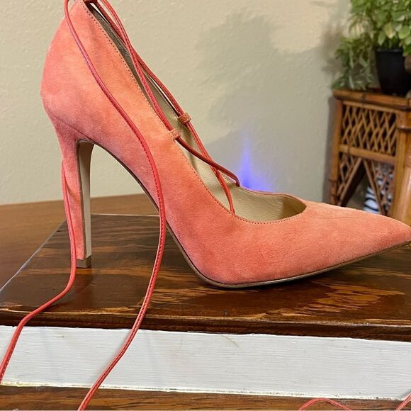 Clef Genuine Suede Leather Stiletto Pumps Made in Italy Coral Ankle Lace - Picture 3 of 13